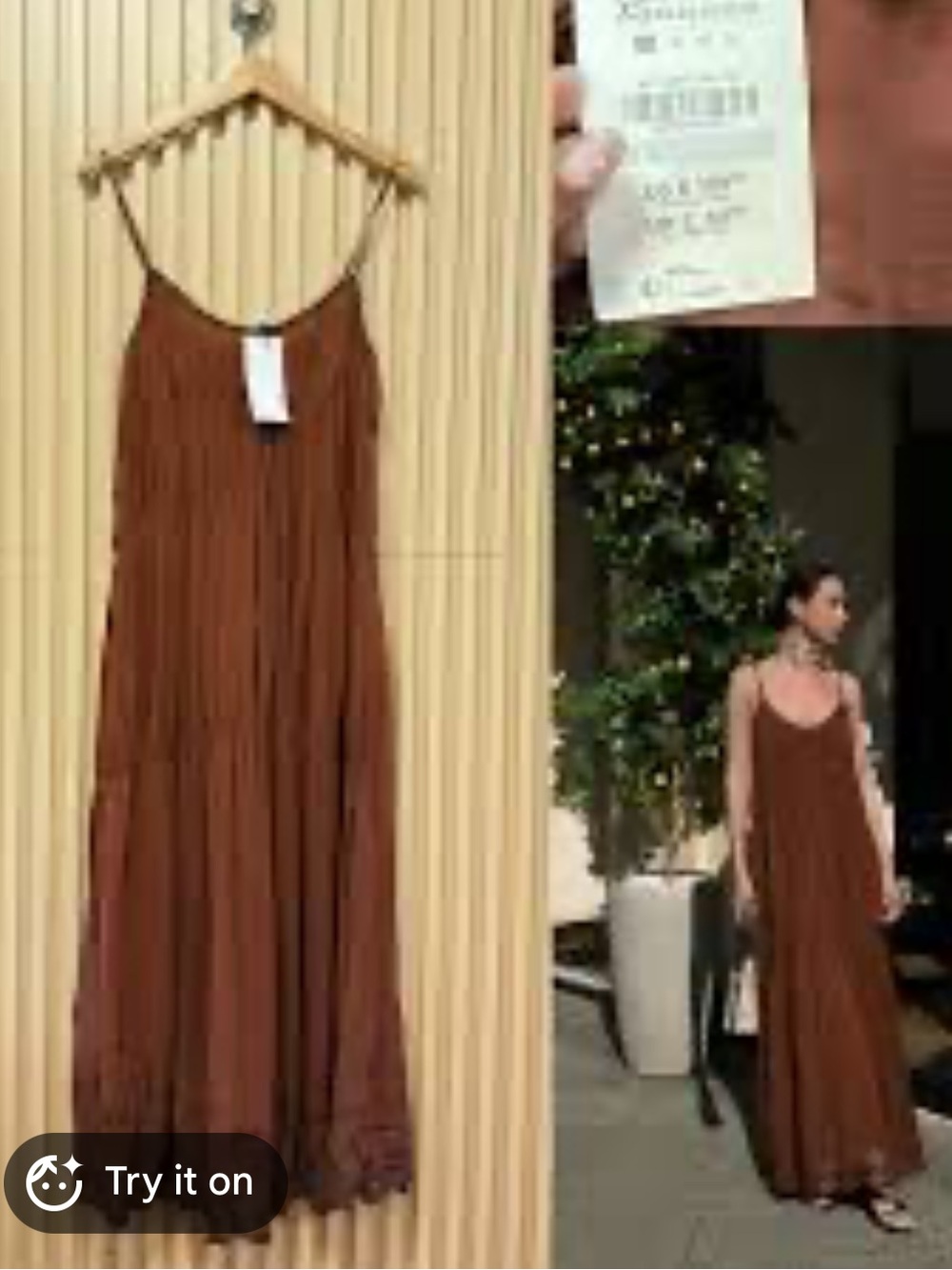 Zara Brown Chiffon Maxi Slip Dress with Spaghetti Straps